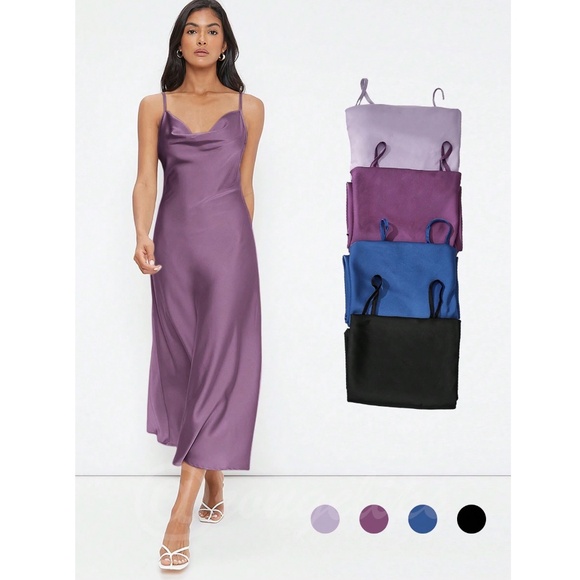Purple Satin Cami Dress Midi Adjustable Spaghetti Straps - Picture 2 of 7